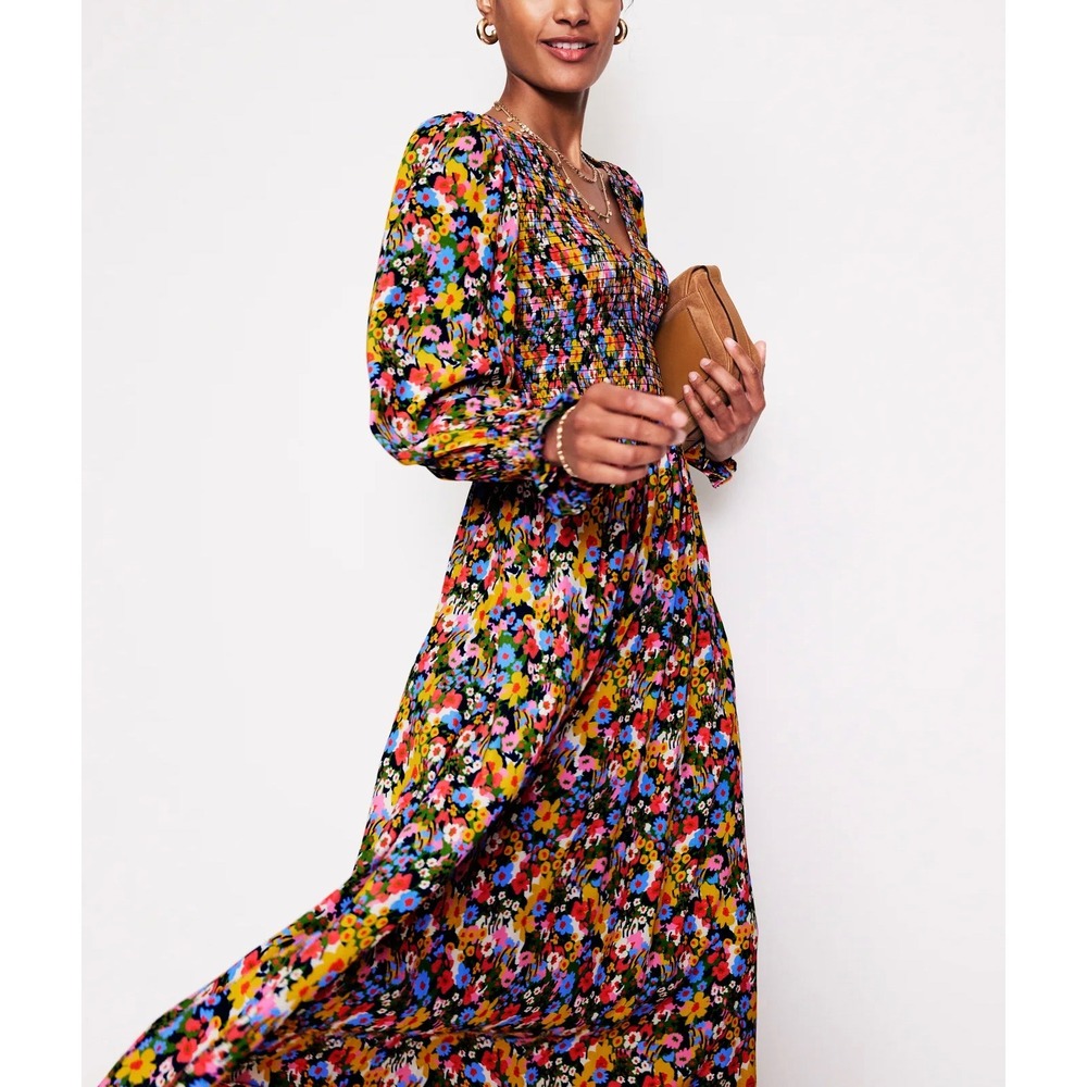 Boden Gemma Smocked Midi Dress Modest Womens 10R Multi Color Floral Smocking